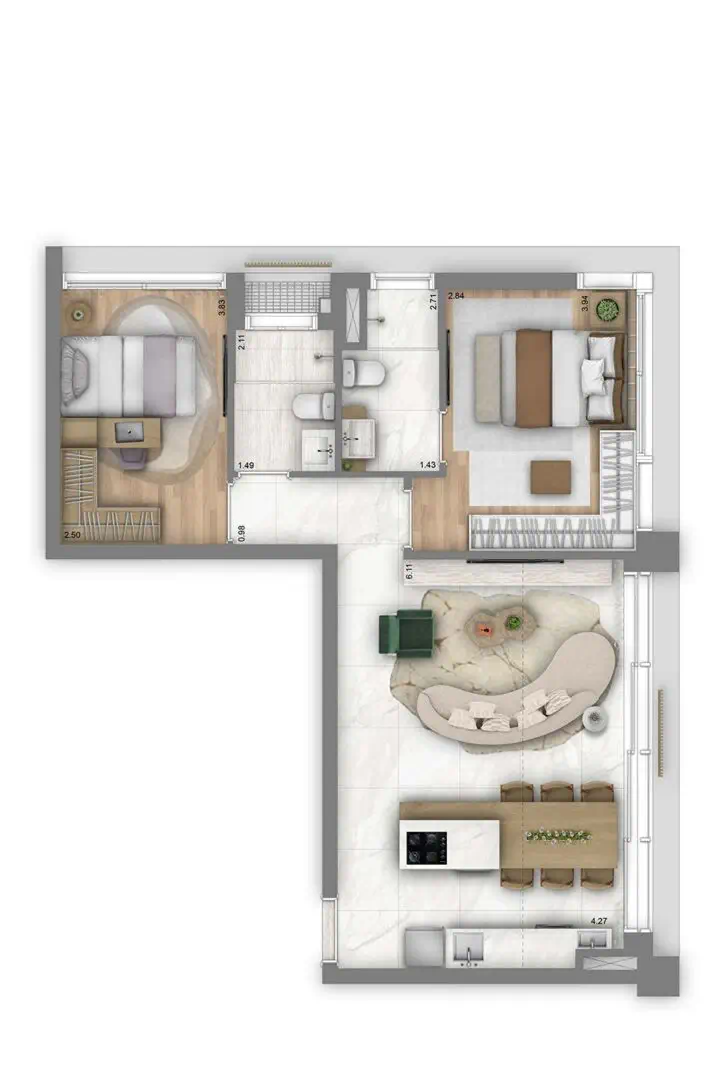 Planta Residences · 2 dorms · 1 suíte · 1 vaga — 71 m²