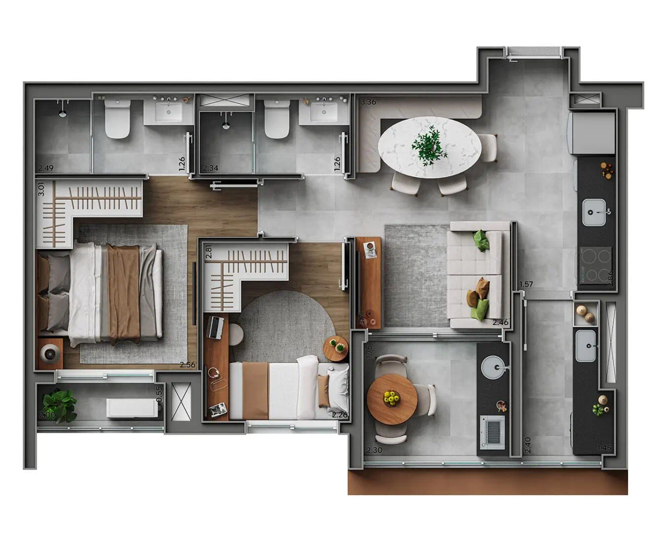 Planta 2 Dorms. · 1 Suíte — 54 m²