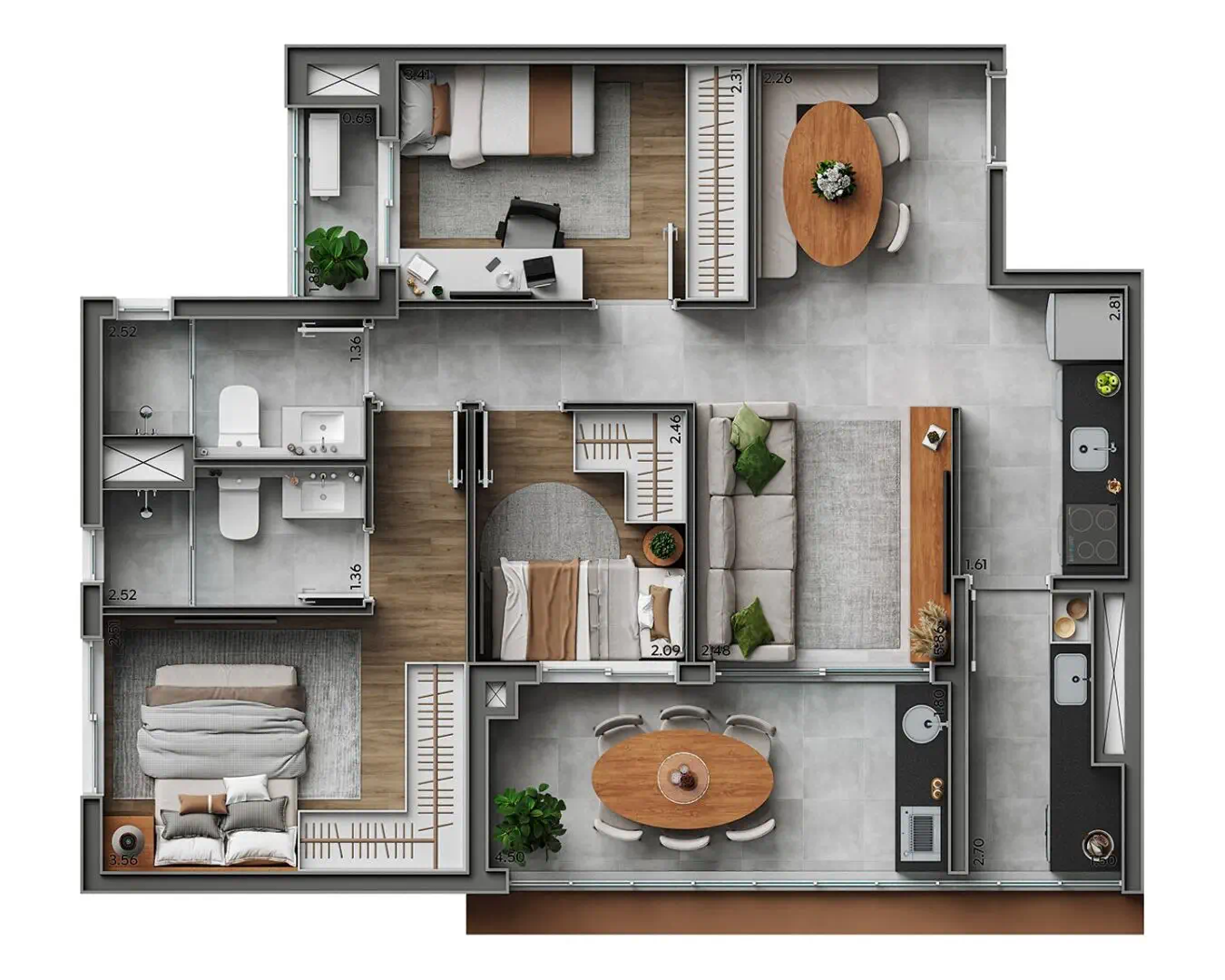 Planta 3 Dorms. · 1 Suíte — 76 m²