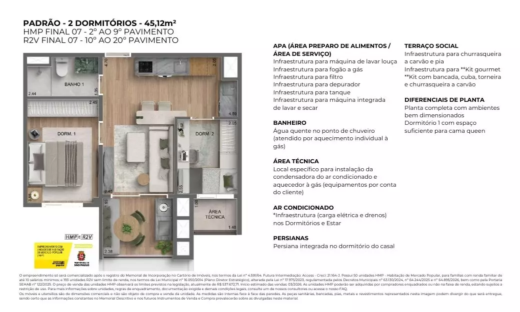 Planta 2 dorms. — 45 m²