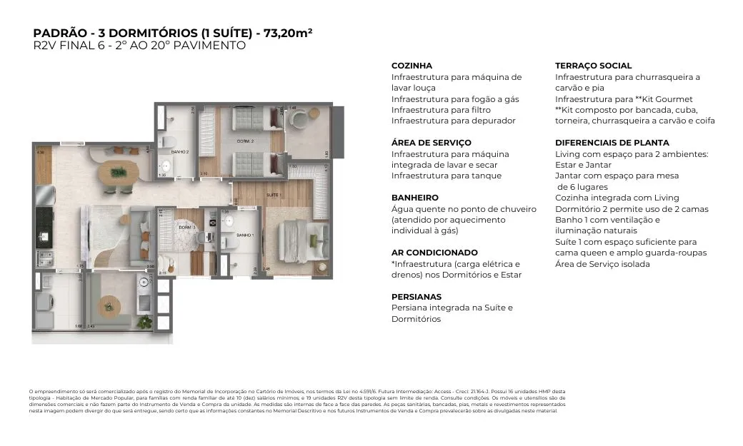 Planta 3 dorms. · 1 suíte — 73 m²