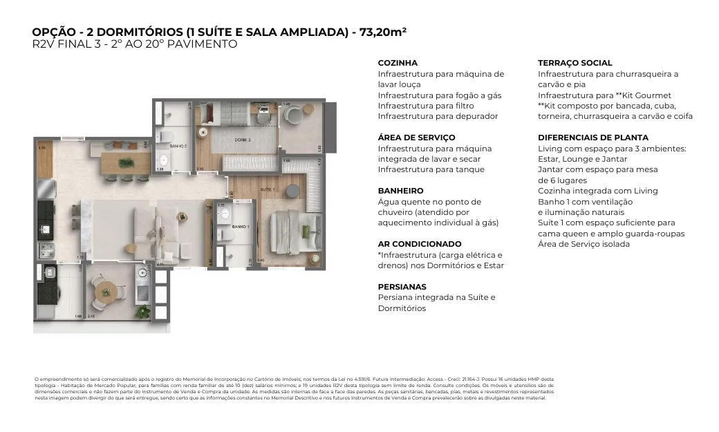 Planta 2 dorms. · 1 suíte — 73 m²