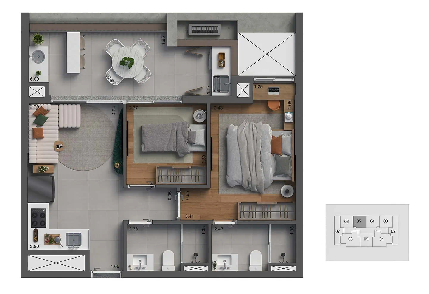 Planta Apto. 2 dorms · 1 suíte — 59 m²