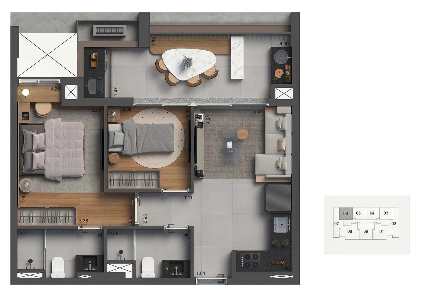 Planta Apto. 2 dorms · 1 suíte — 60 m²
