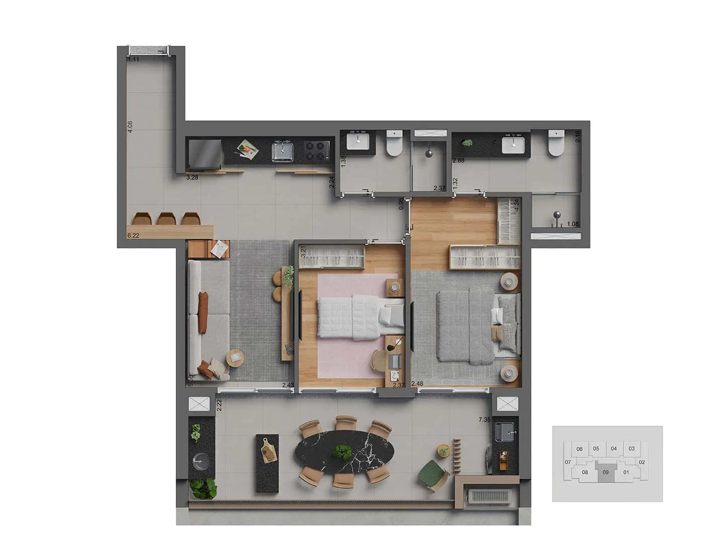 Planta Apto. 2 dorms · 1 suíte — 78 m²