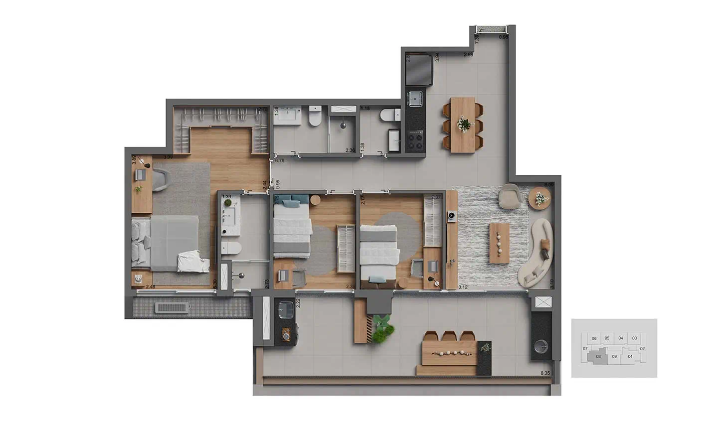Planta Apto. 3 dorms · 1 suíte — 98 m²
