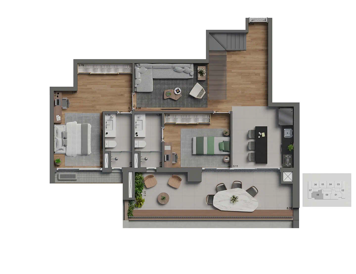 Planta Apto. duplex 3 suítes — 198 m²