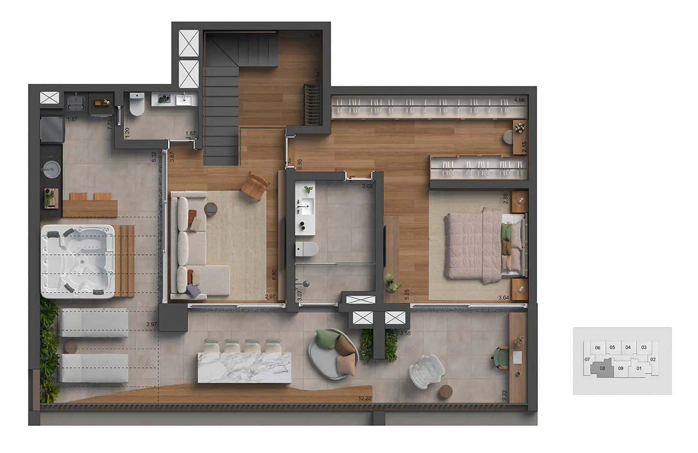Planta Apto. duplex 3 suítes — 198 m²