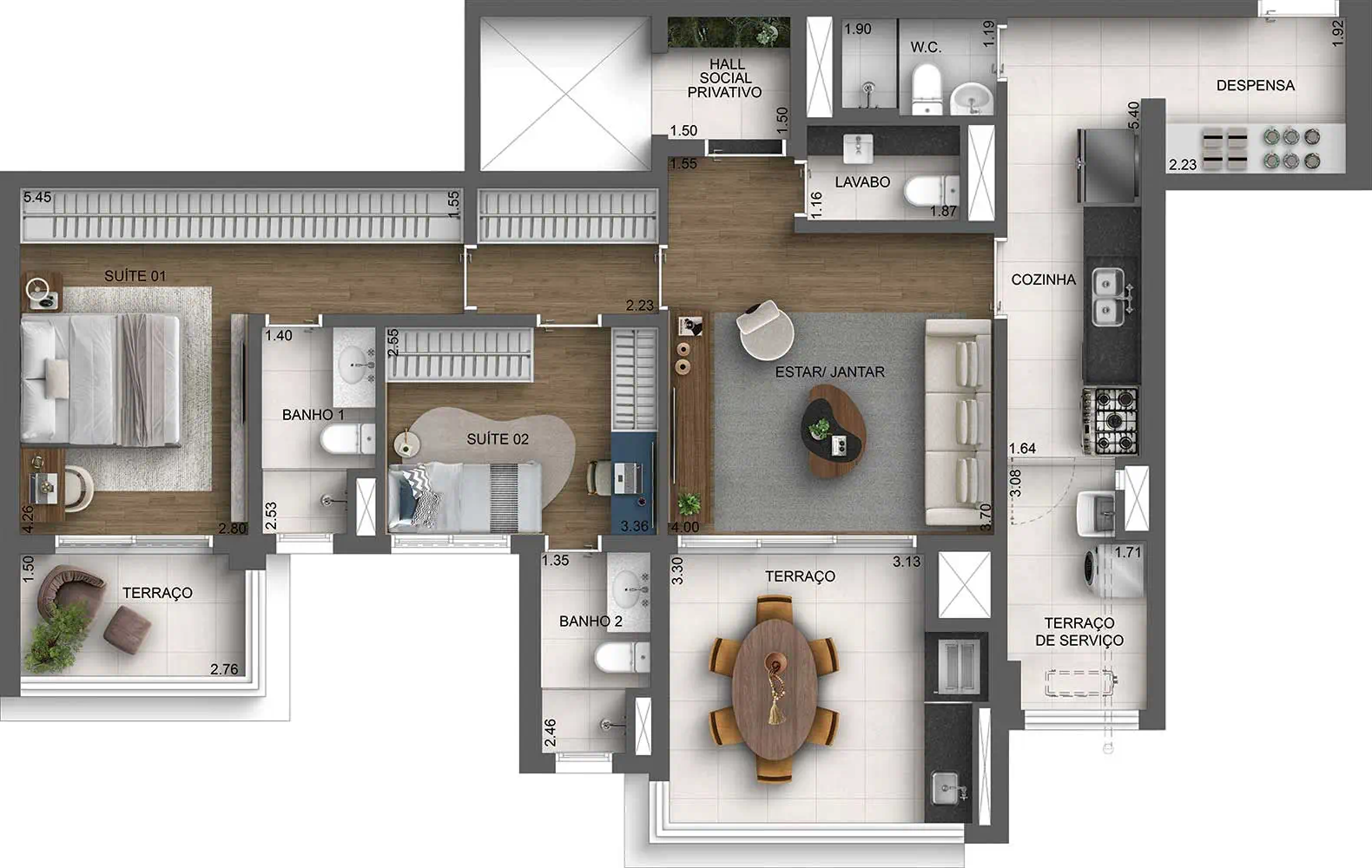 Planta 2 suítes — 114 m²