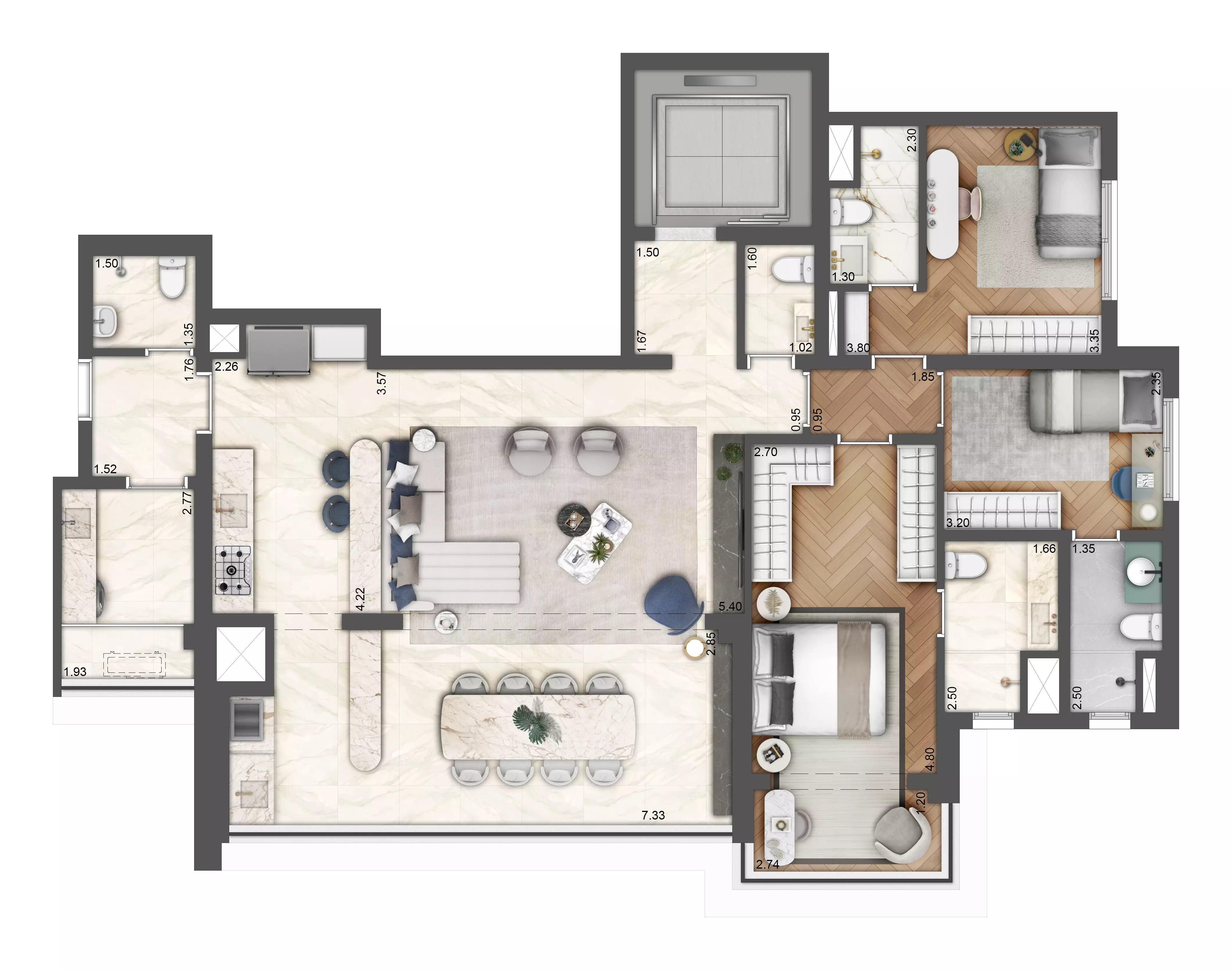 Planta 3 suítes com cozinha aberta — 132 m²