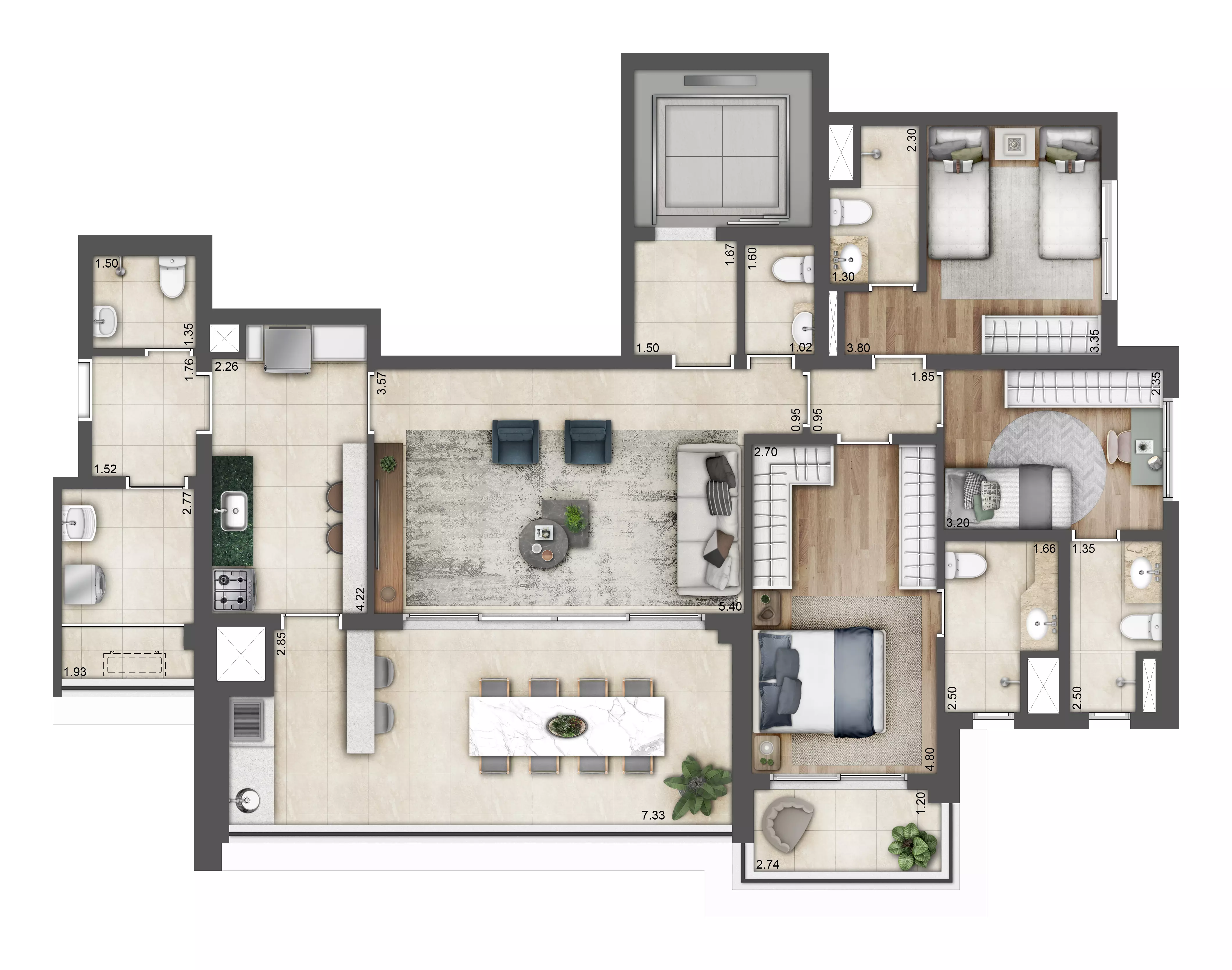 Planta 3 suítes padrão — 132 m²