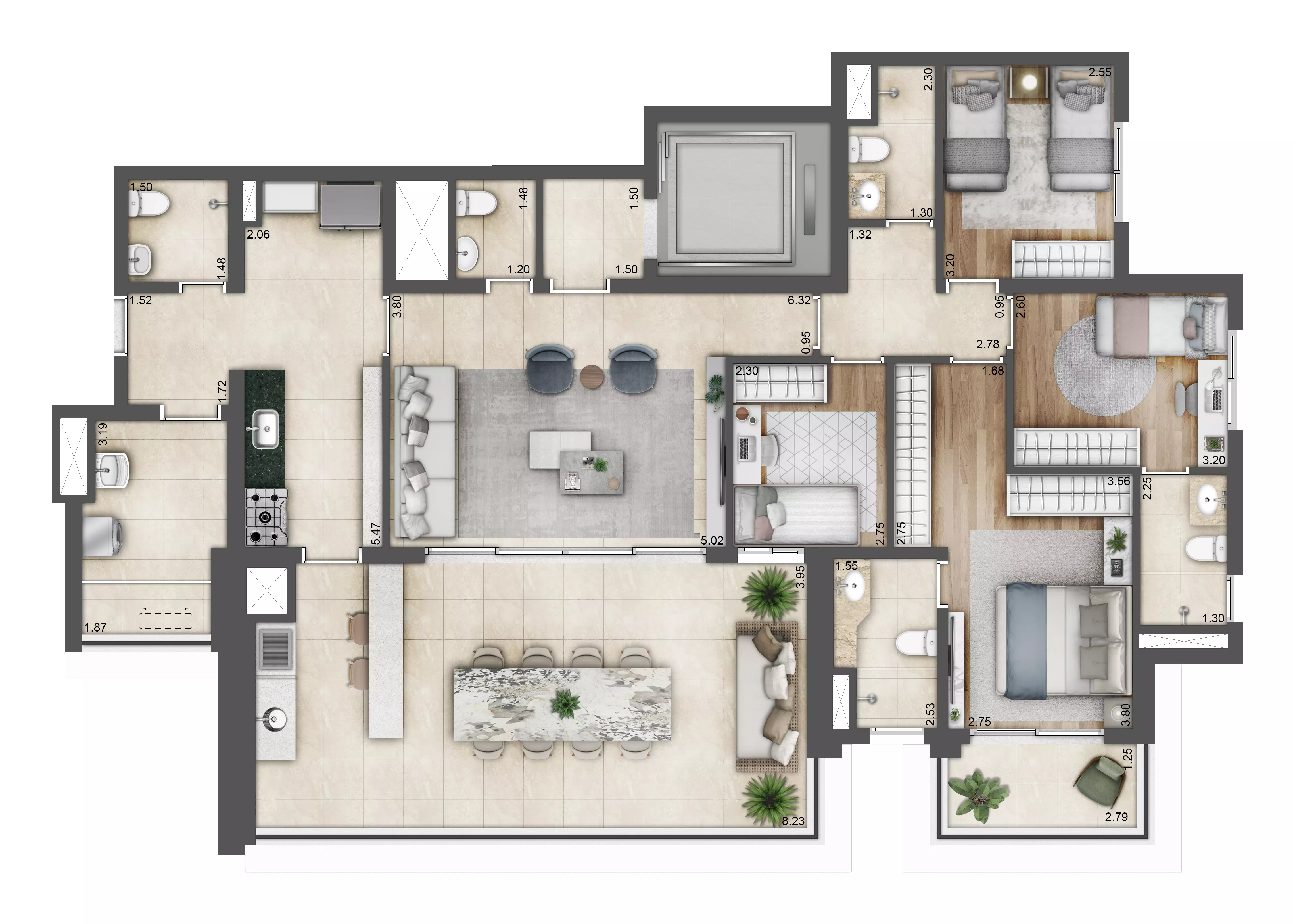 Planta 4 dorms com 2 suítes — 159 m²