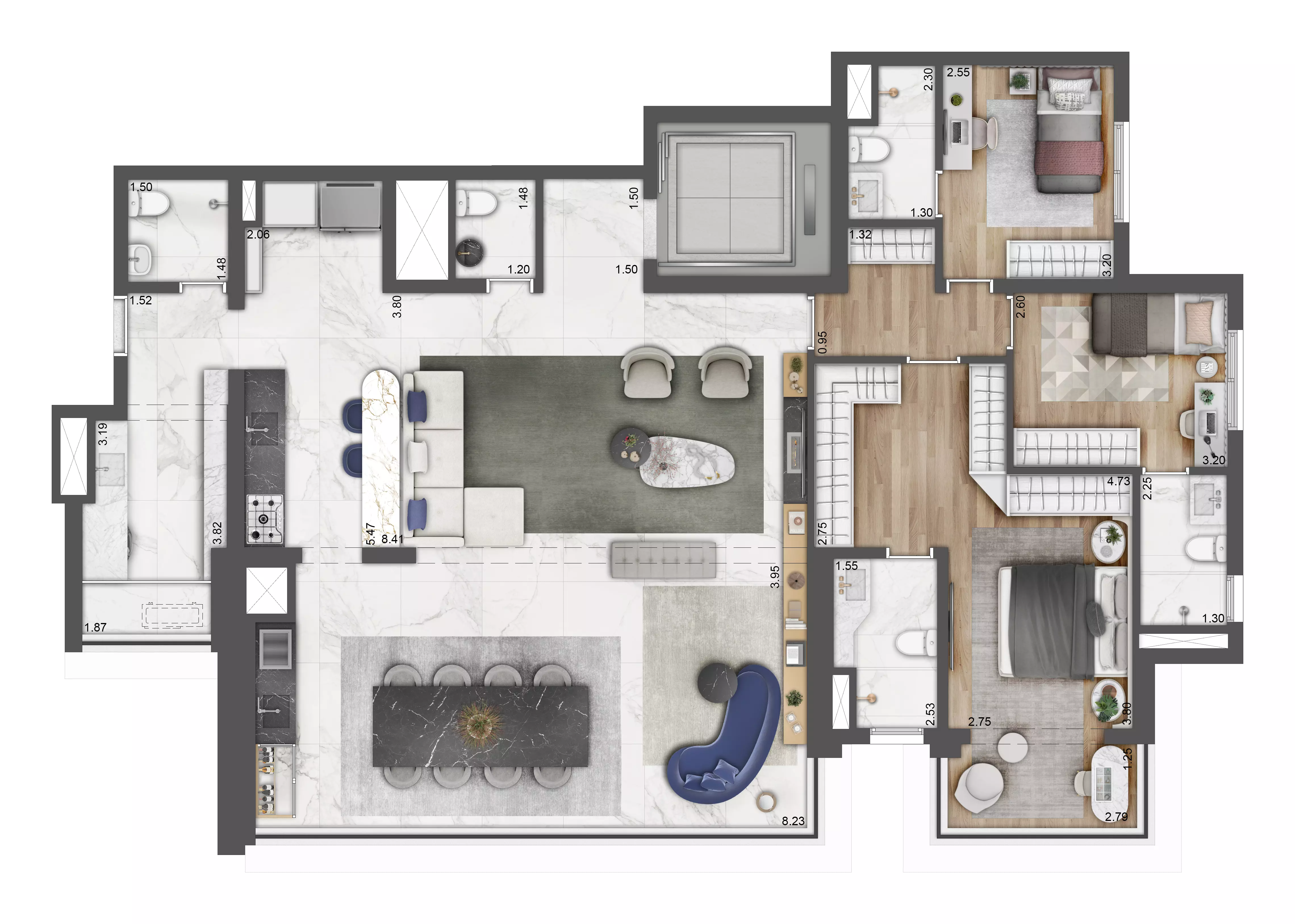 Planta 3 suítes e cozinha aberta — 159 m²