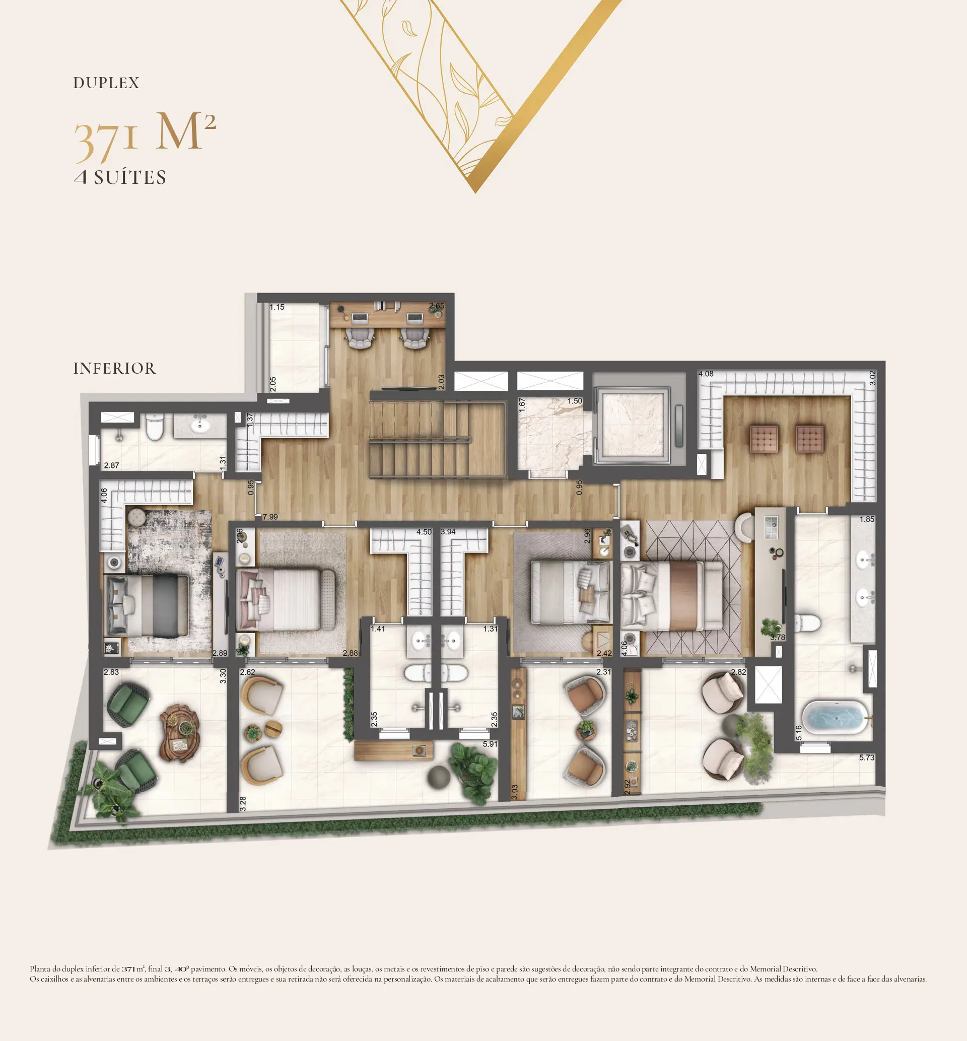 Planta Planta tipo 371m² 4 suites Pav. Inferior — 371 m²