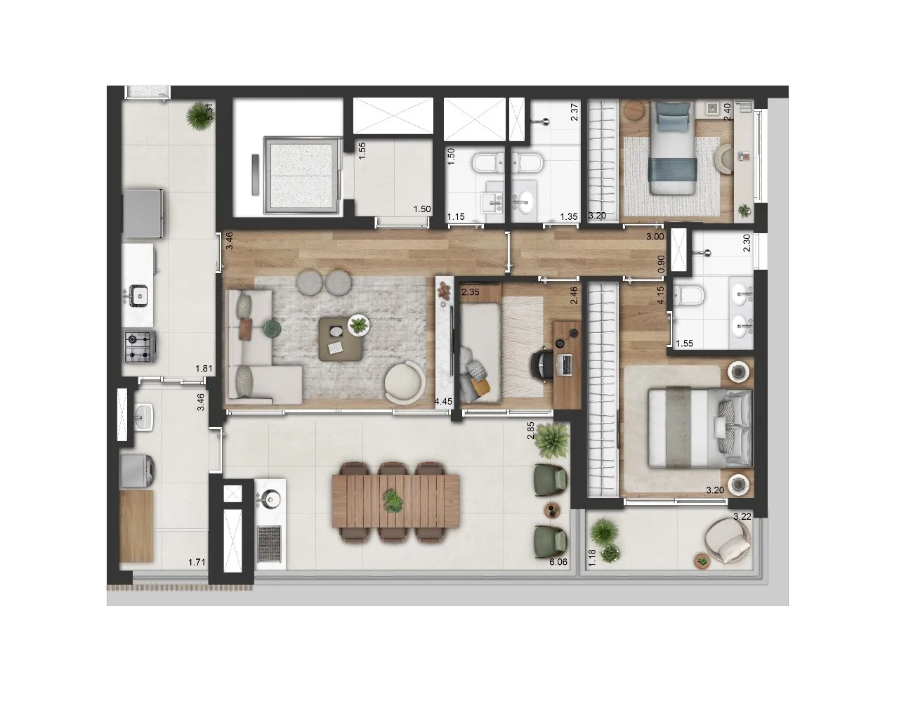 Planta 3 quartos, 2 suítes — 112 m²