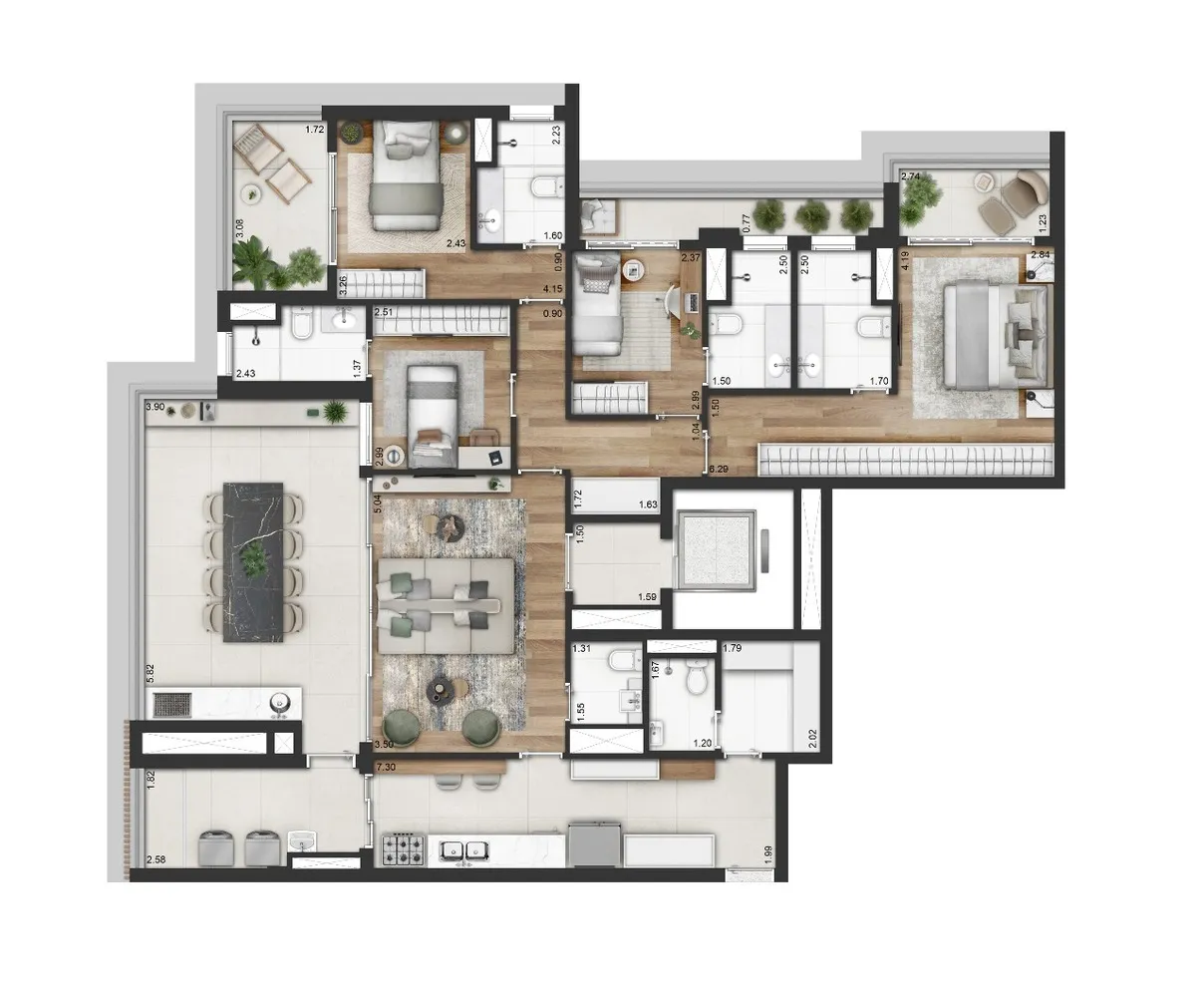 Planta 4 suítes — 178 m²