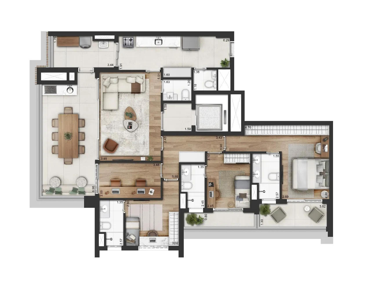 Planta 4 quartos, 3 suítes — 151 m²