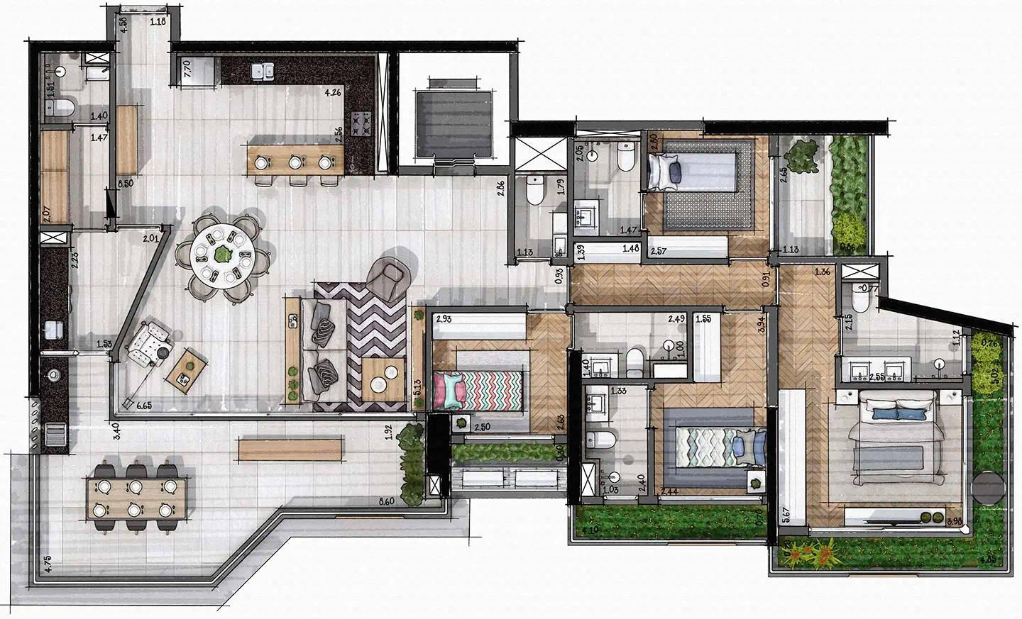 Planta 4 Suítes — 197 m²
