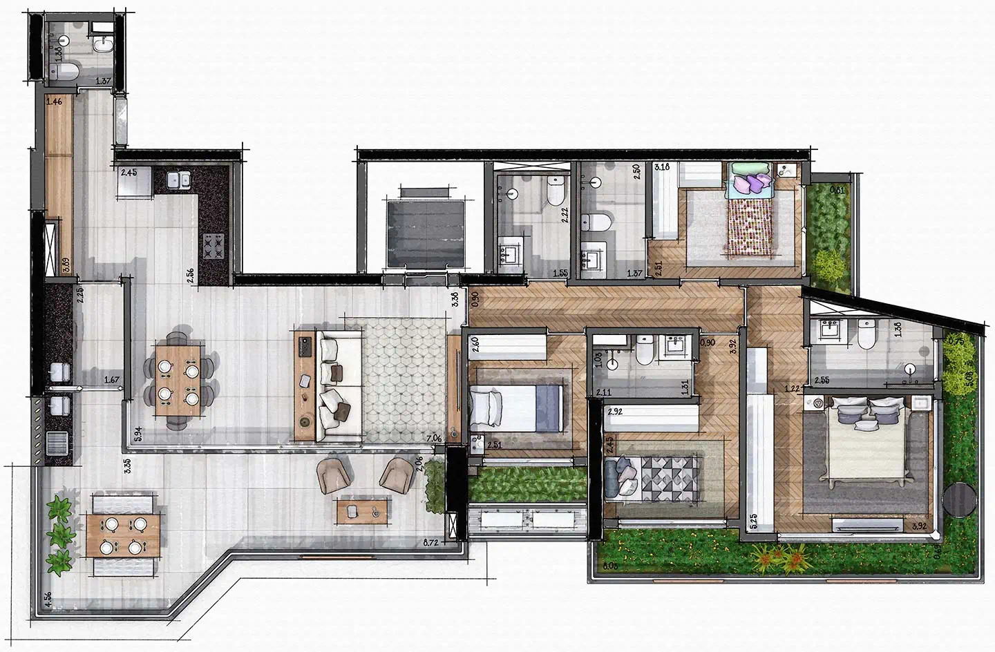 Planta 3 Suítes — 167 m²
