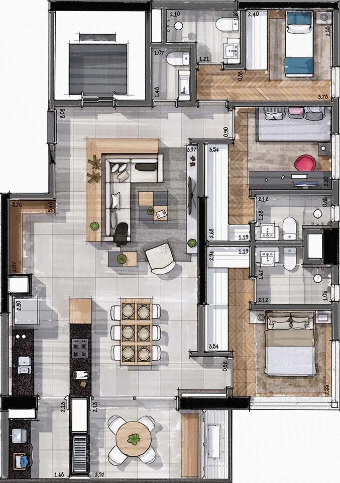 Planta 3 Suítes — 105 m²