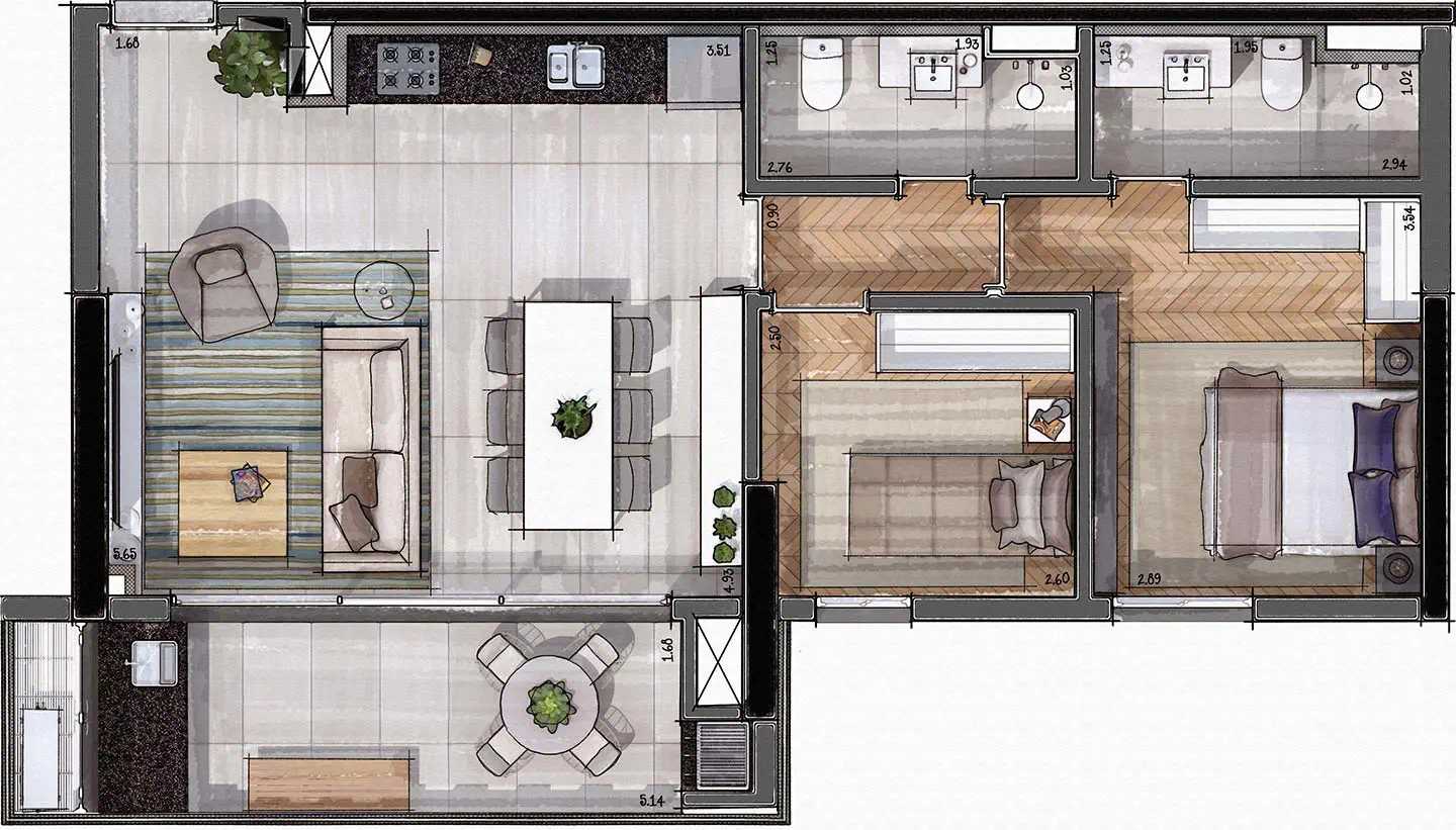 Planta 2 Dorms. · 1 Suíte — 78 m²