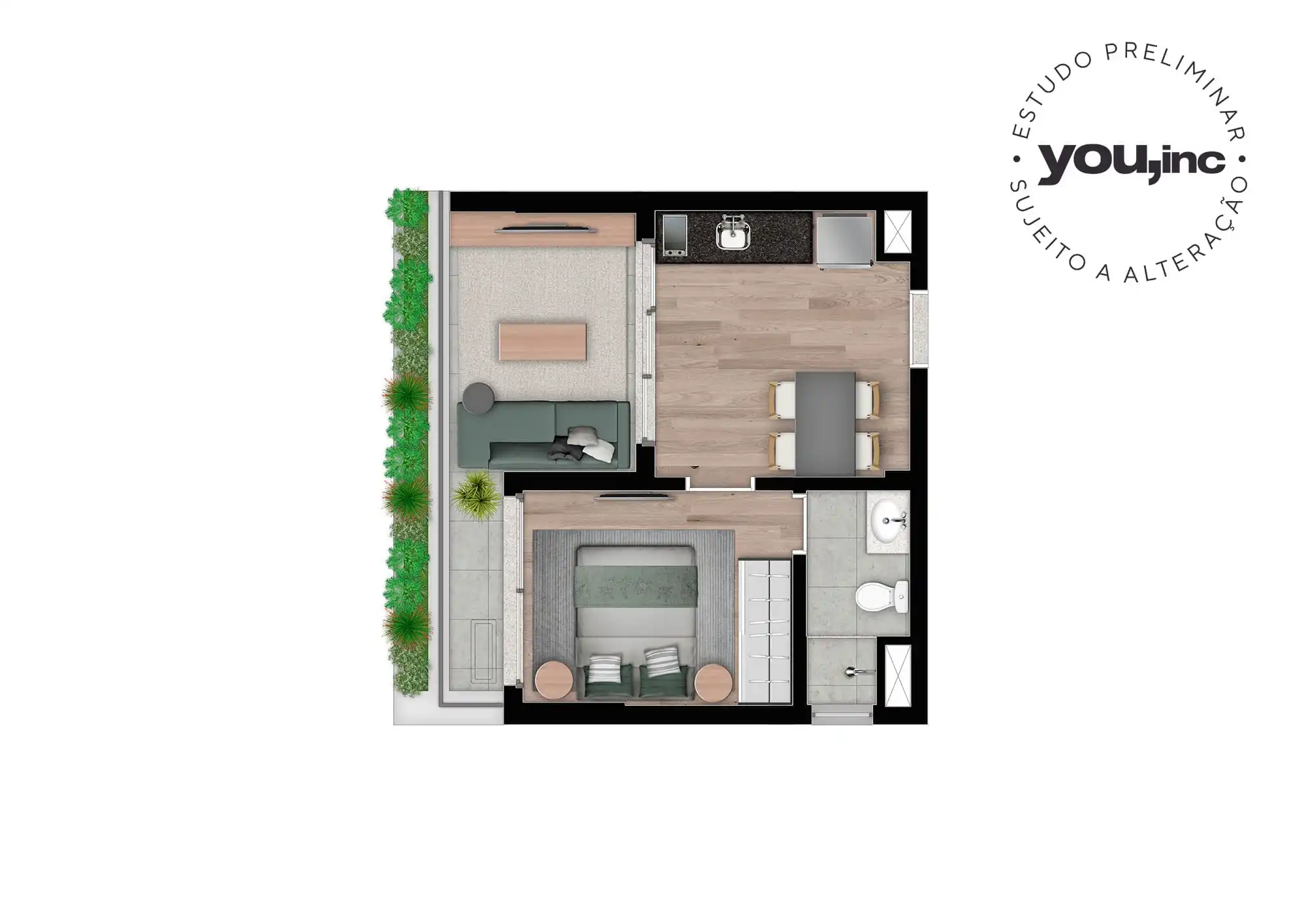 Planta 1 Dormitório (1 vaga) — 35 m²