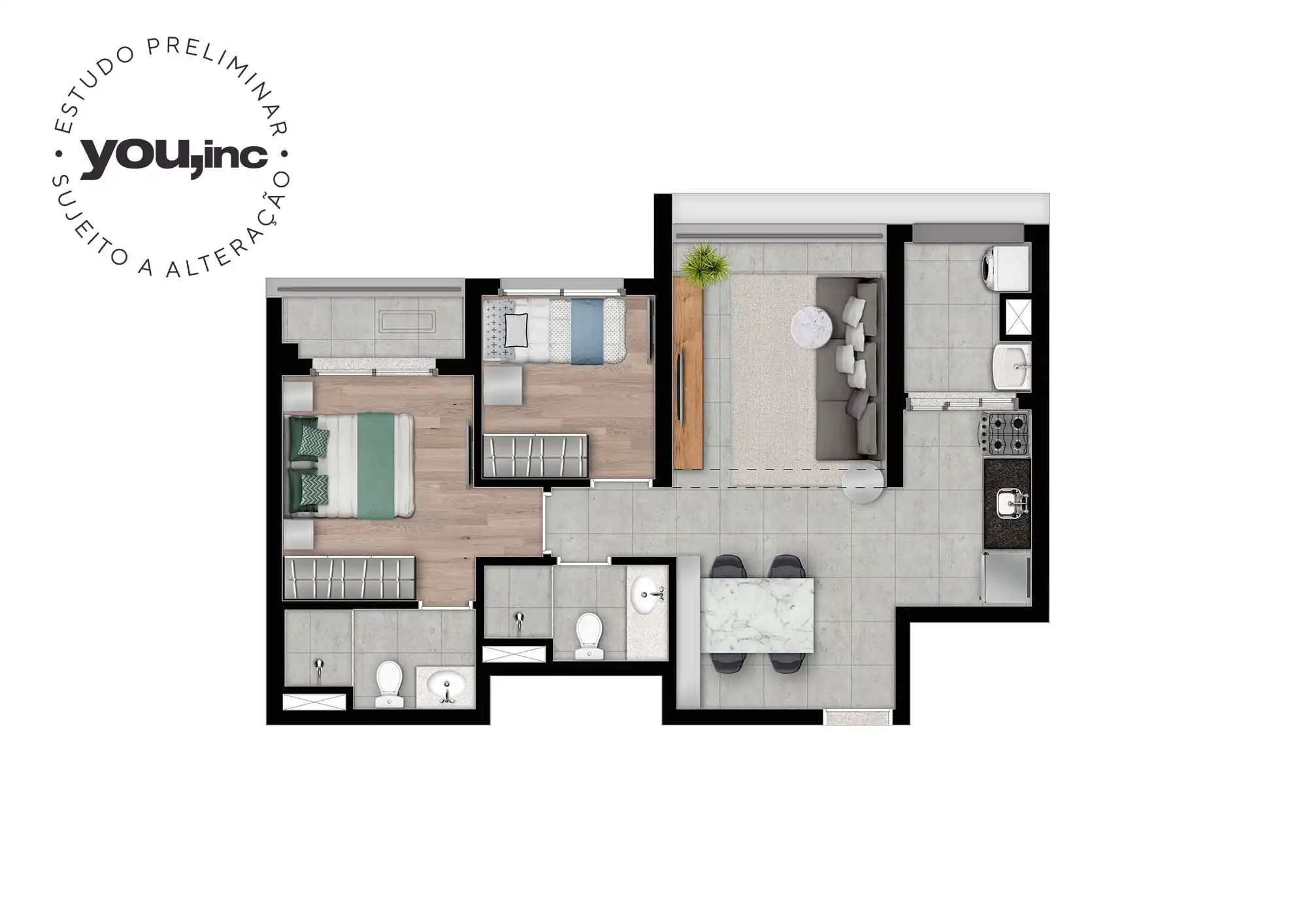 Planta 2 Dormitórios (1 suíte) — 58 m²