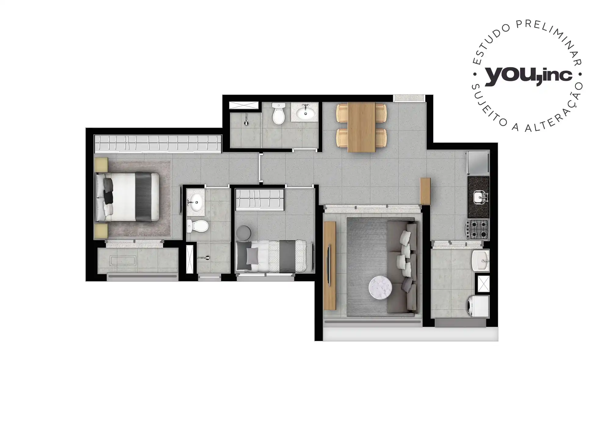 Planta 2 Dormitórios (1 suíte) — 60 m²