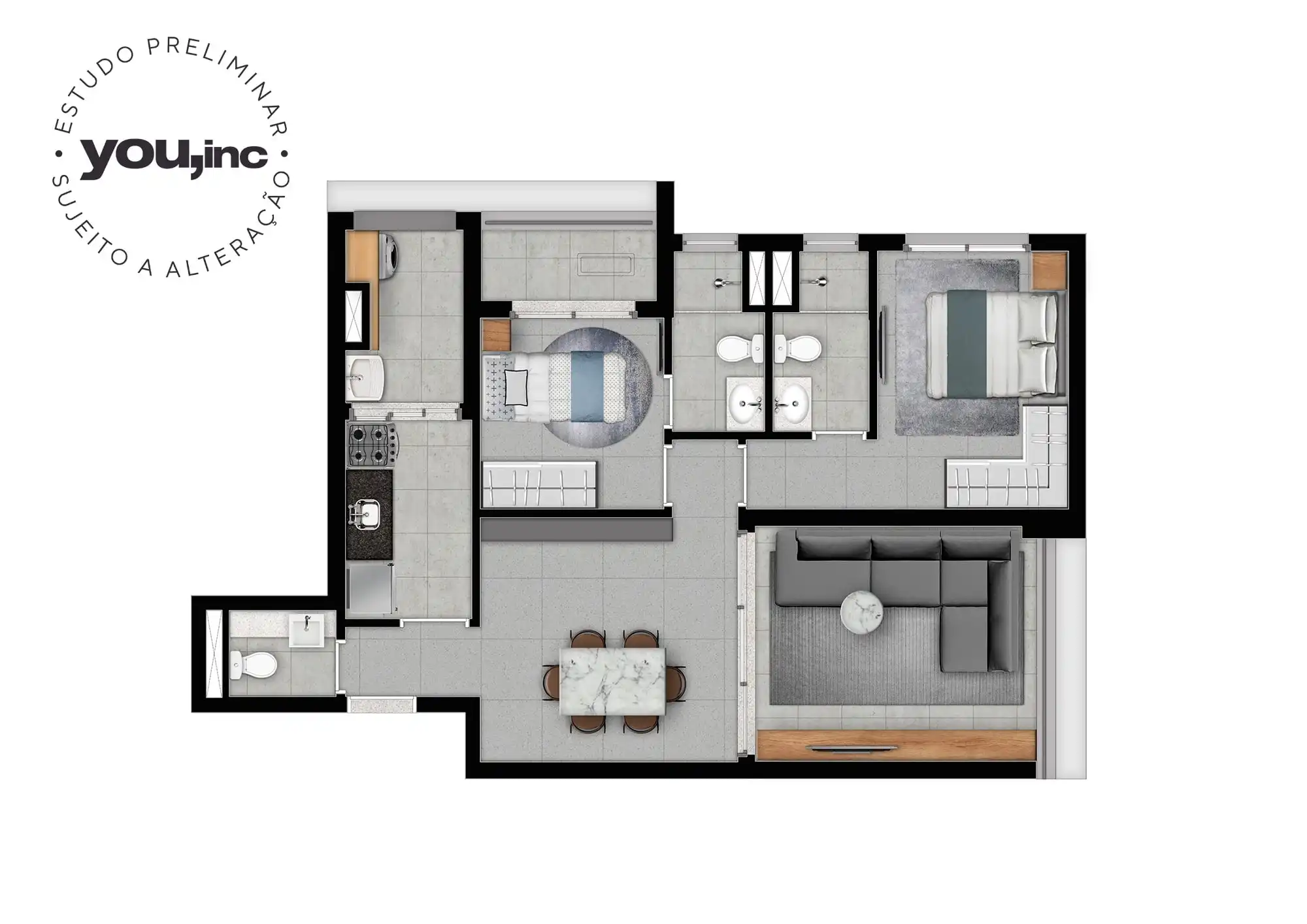 Planta 2 Suítes (1 vaga) — 70 m²