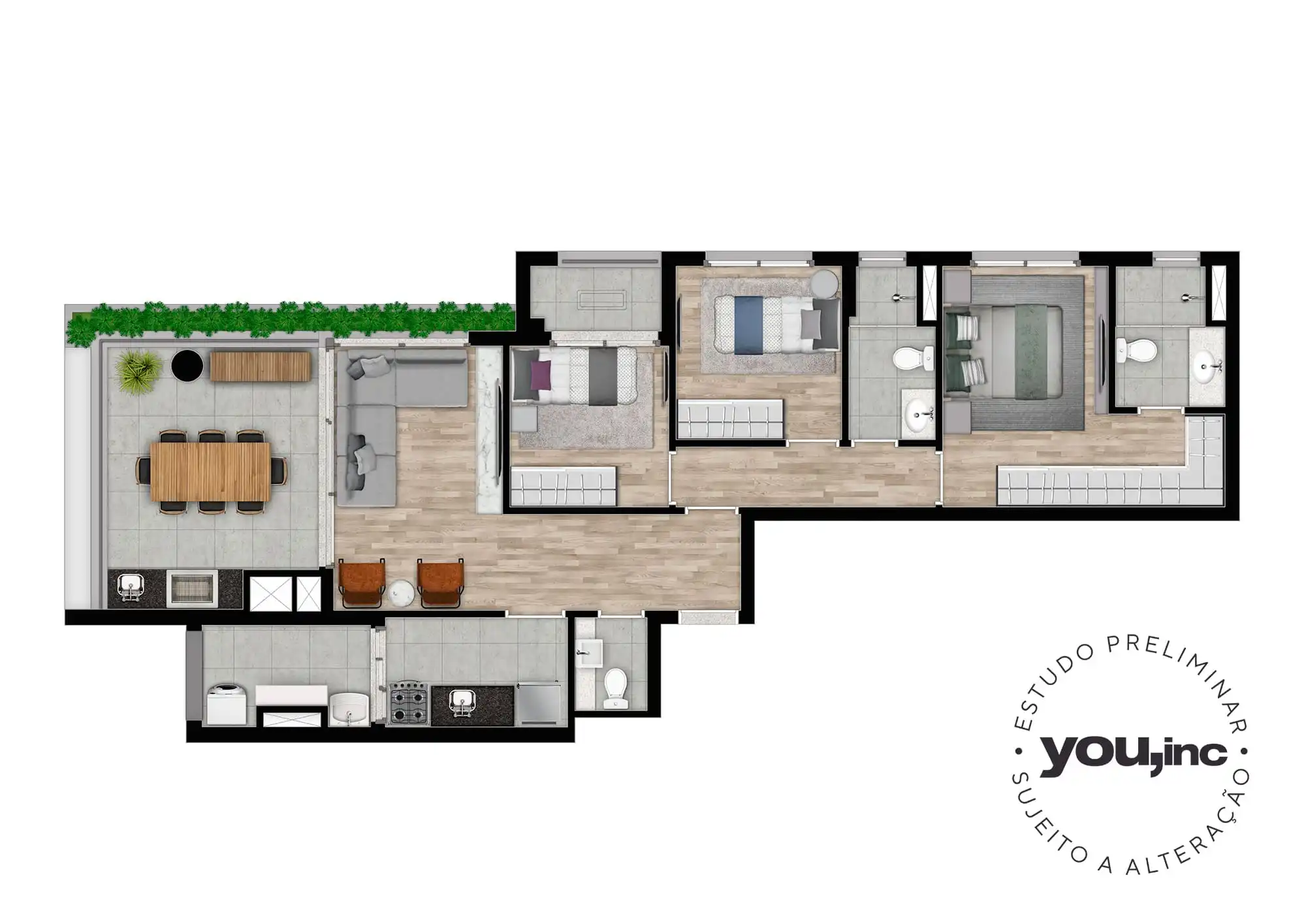 Planta 3 Dormitórios (2 vagas) — 90 m²