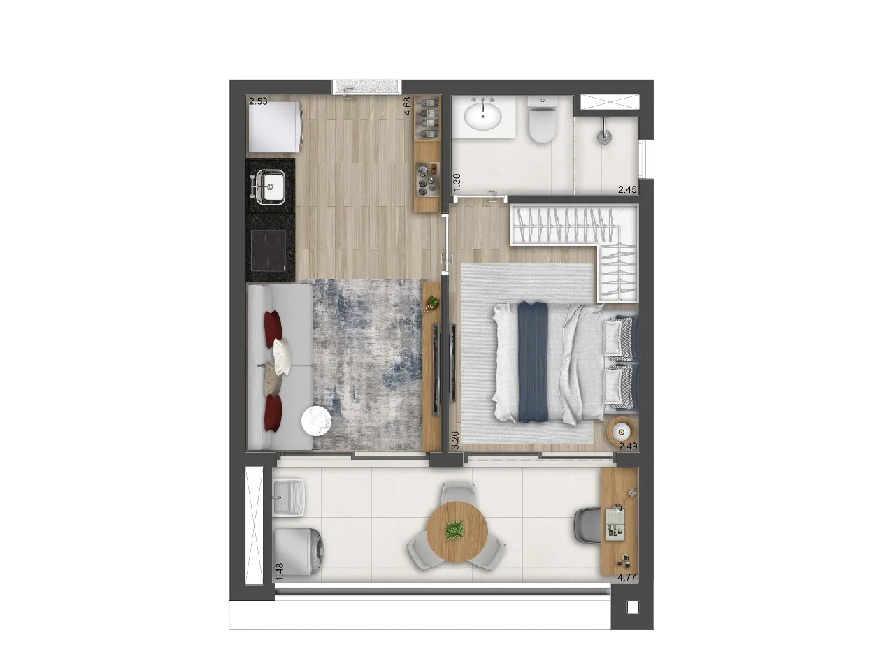 Planta 1 dormitório · 1 suíte — 36 m²