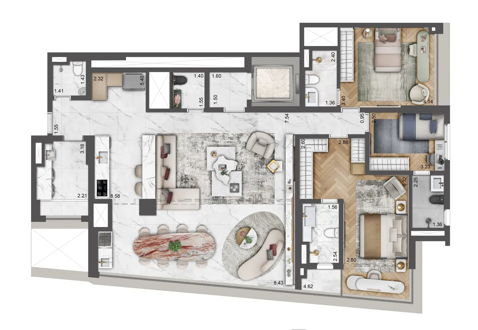 Planta 3 suítes — 162 m²