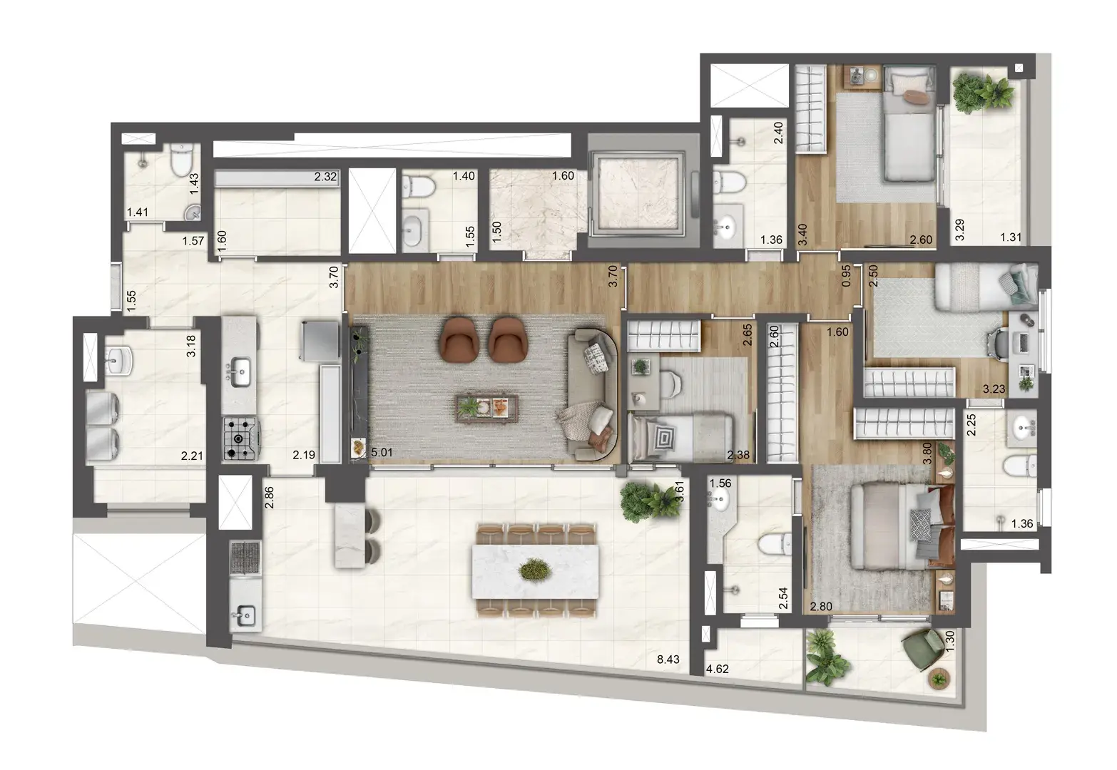 Planta 4 dorms · 2 suítes — 162 m²