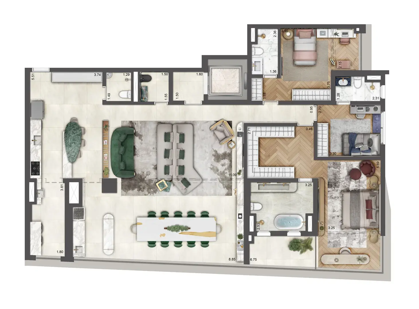Planta 3 suítes — 199 m²