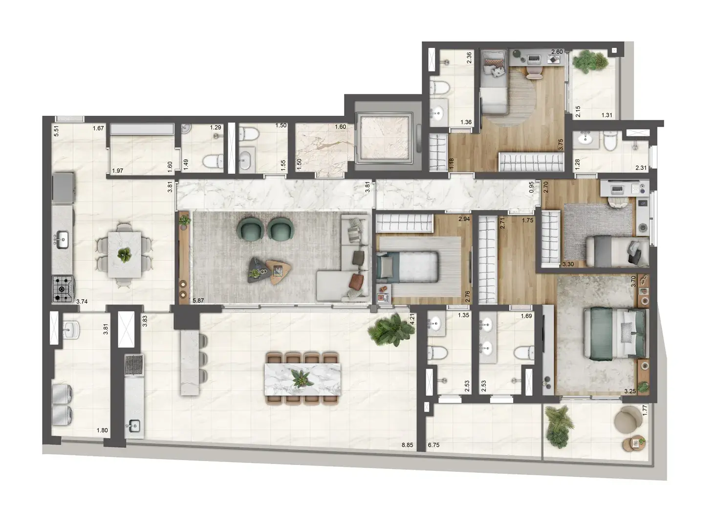 Planta 4 suítes — 199 m²