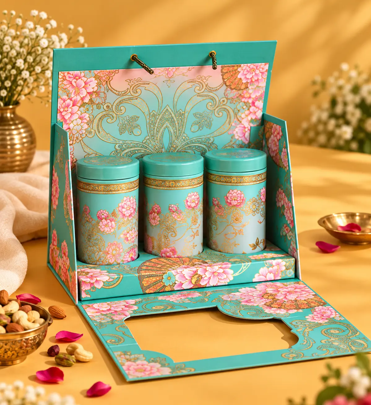 Royal Turquoise Floral 3-Tin Keepsake Gift Hamper