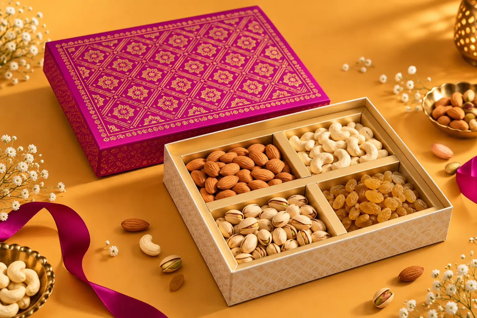 Imperial Magenta & Gold 4-in-1 Festive Dry Fruit Gift Hamper
