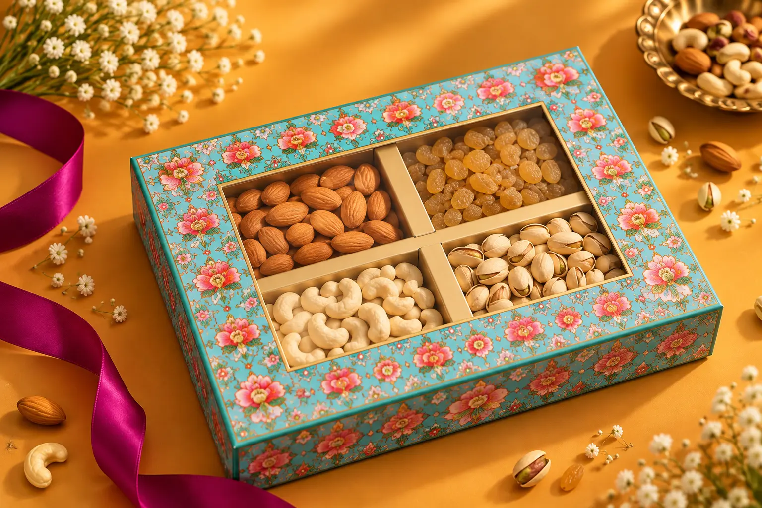 Turquoise Meenakari 4-in-1 Festive Dry Fruit Gift Hamper