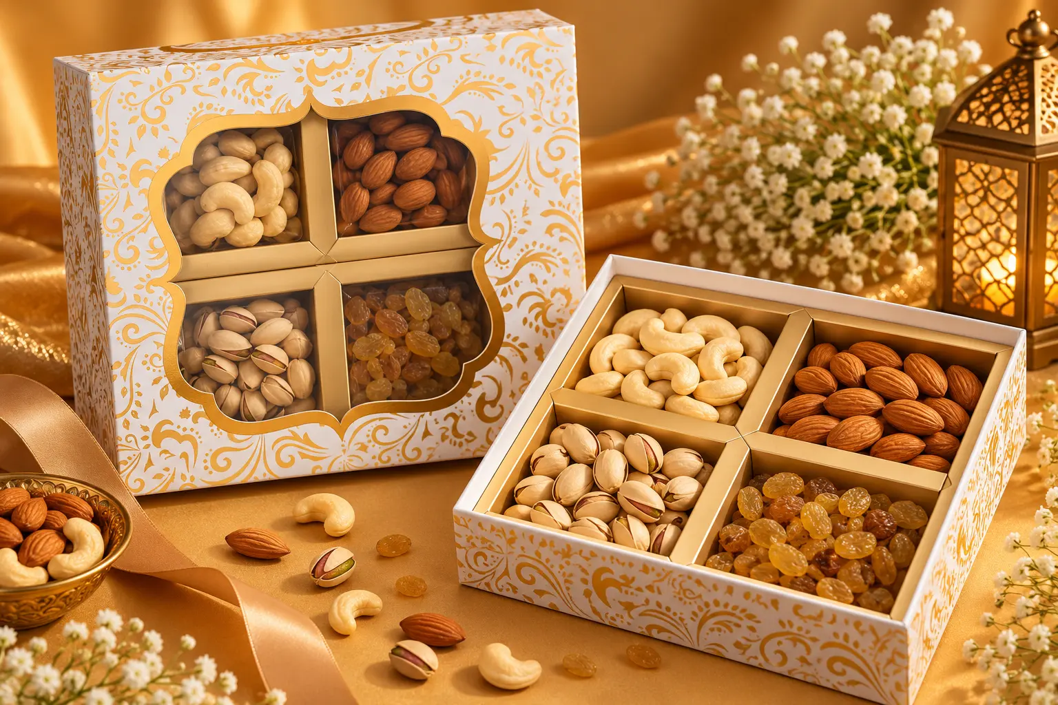 Ivory & Gold Mughal Arch 4-in-1 Festive Dry Fruit Gift Hamper