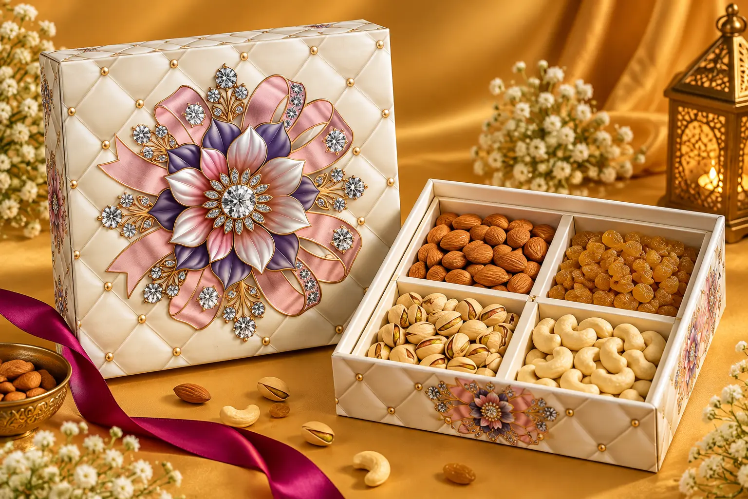 Pearl White Quilted Floral Jeweled 4-in-1 Keepsake Gift Hamper