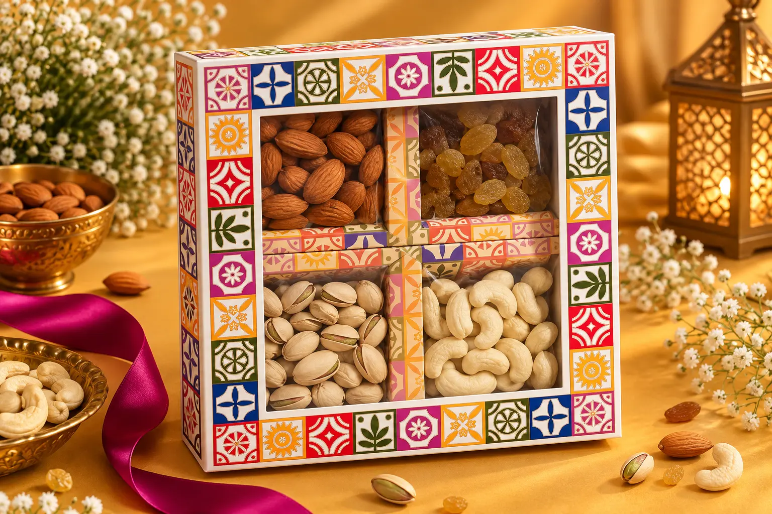 Vibrant Mosaic Tile 4-in-1 Festive Dry Fruit Gift Hamper