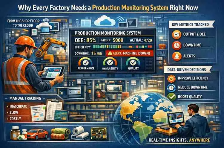 Infographic of a smart factory dashboard showing real-time production metrics, OEE, downtime, and machine alerts.