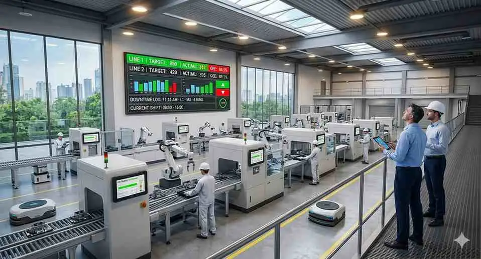 Factory floor with production monitoring software dashboards showing real-time output, OEE, downtime, and machine status, while a supervisor reviews data on a tablet.