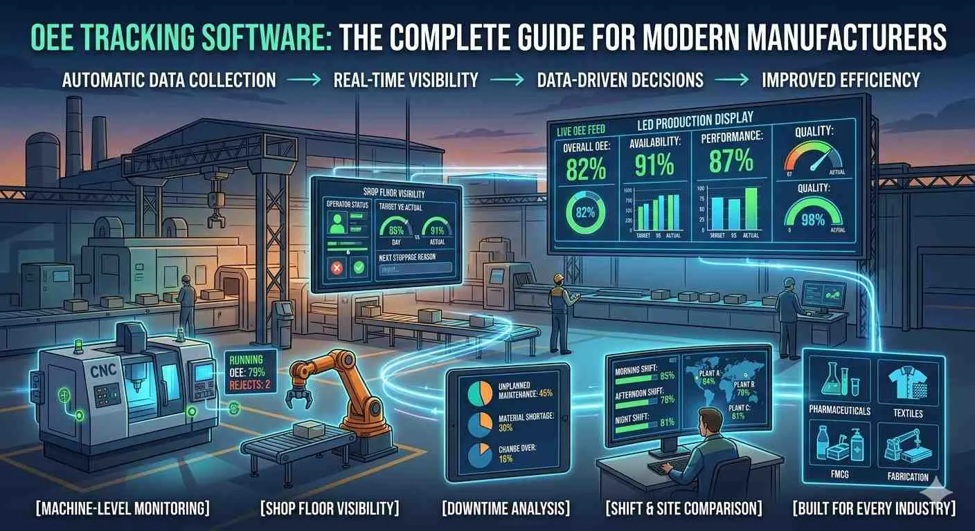 OEE software infographic illustrating machine monitoring, real-time data dashboards, shift analysis, and multi-industry applications in a modern factory.