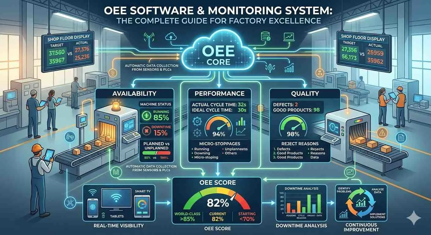 OEE software infographic explaining automatic data collection, measuring availability, performance, and quality to improve factory efficiency.
