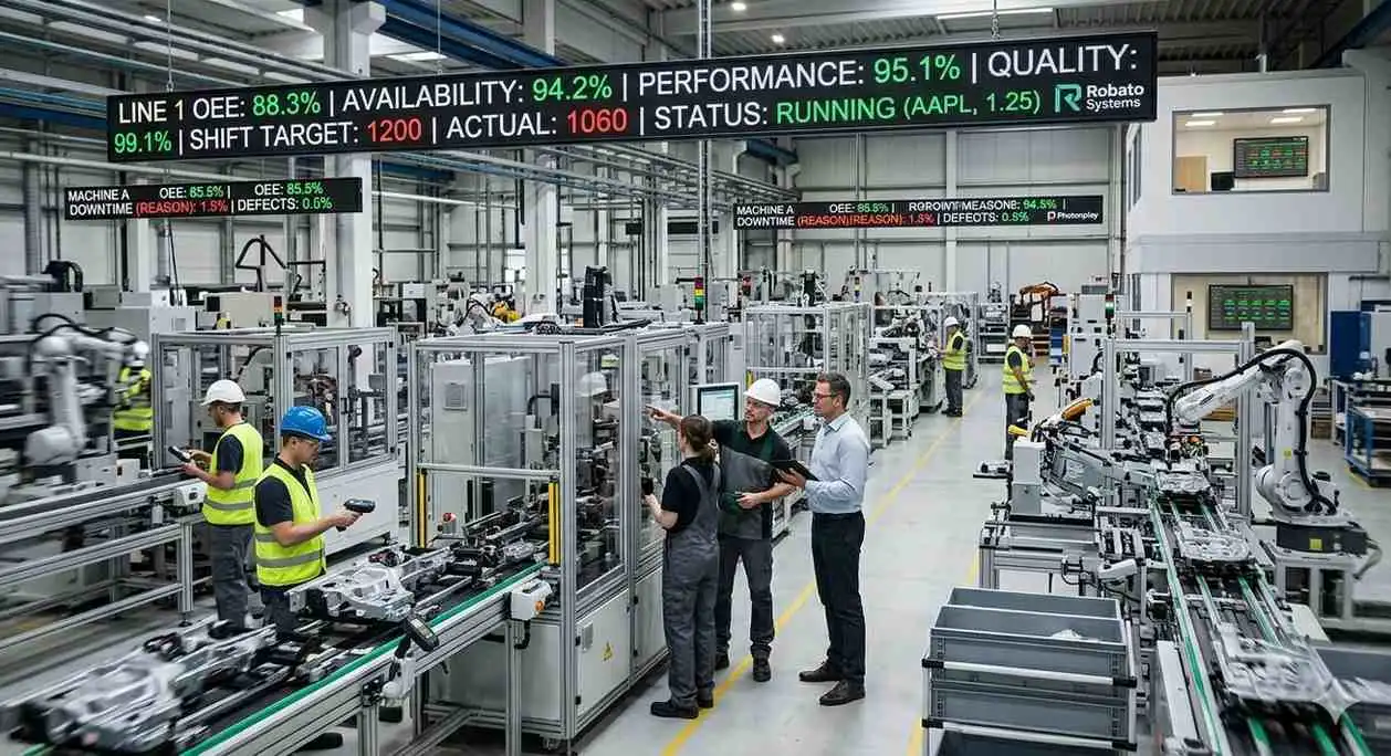 A large LED display in a factory shows real-time OEE, availability, and performance data above a busy production line.