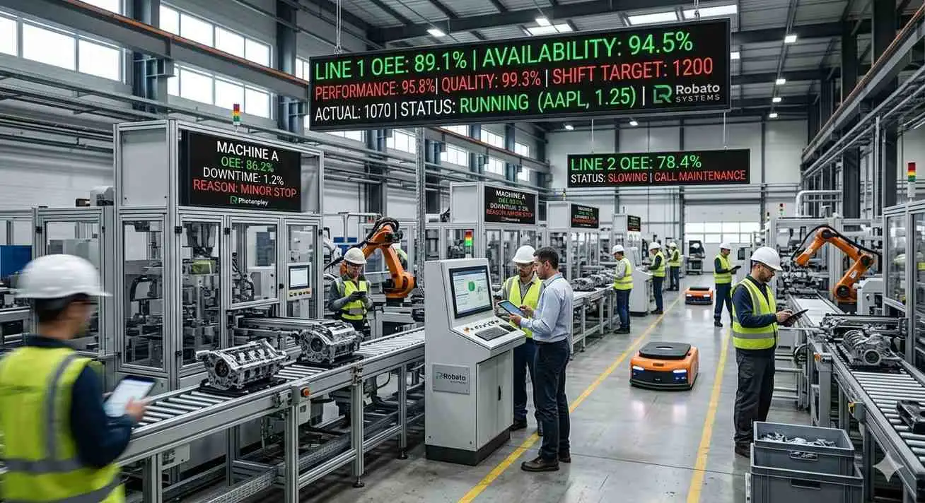 Real-time OEE dashboards display production metrics and machine status above engineers working on an automated factory assembly line