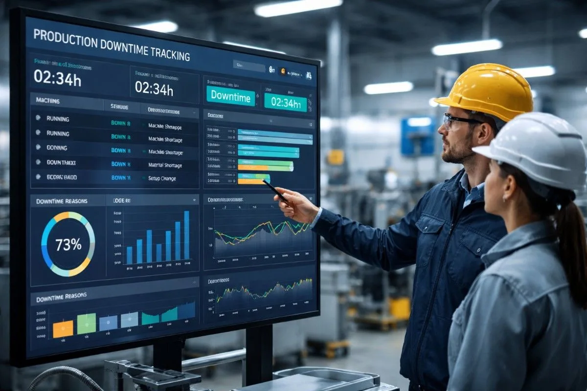 Engineers analyzing production downtime tracking software dashboard on factory floor with real time machine performance data.