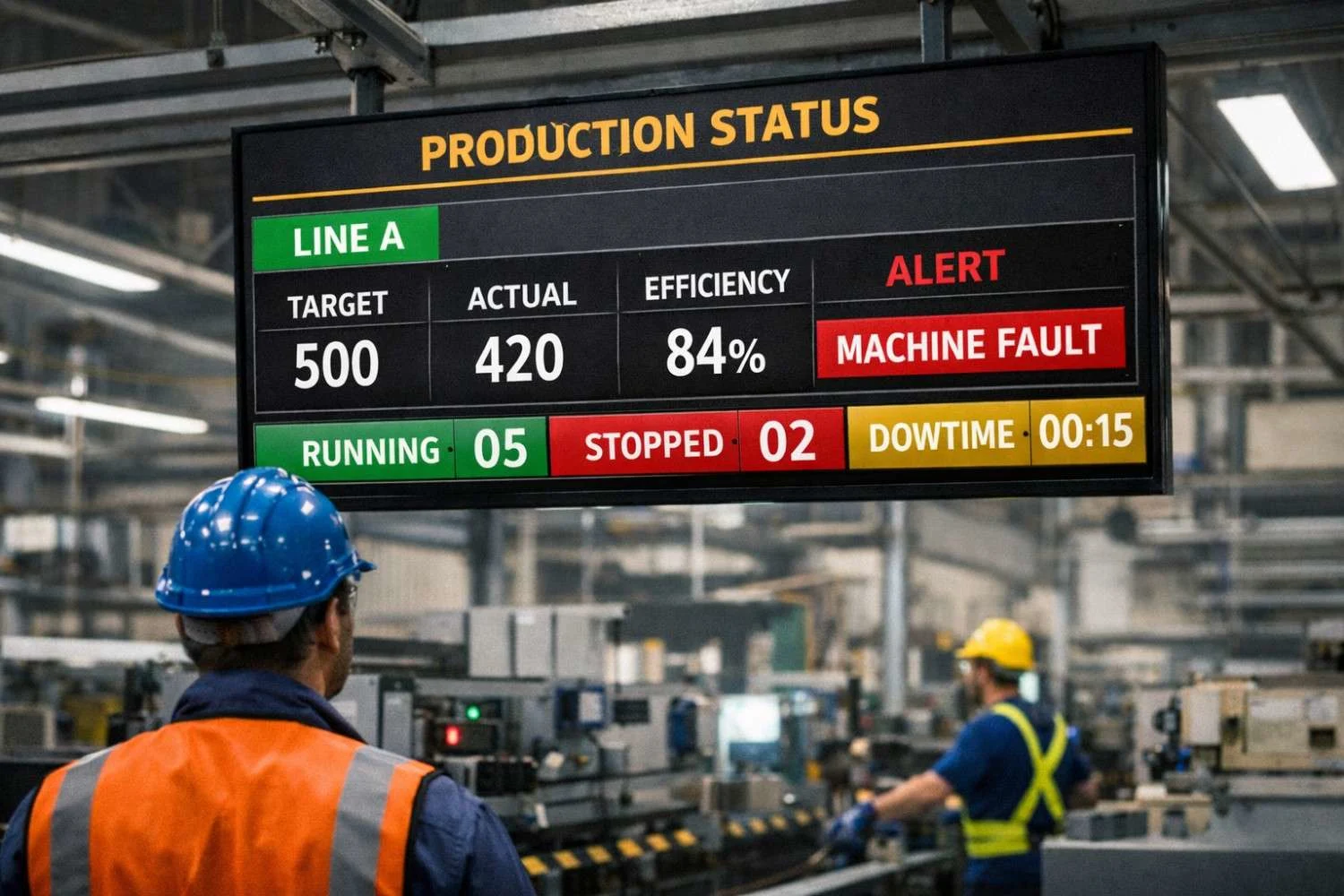 Andon display board showing real-time production status, machine fault alert, efficiency metrics in smart manufacturing factory environment