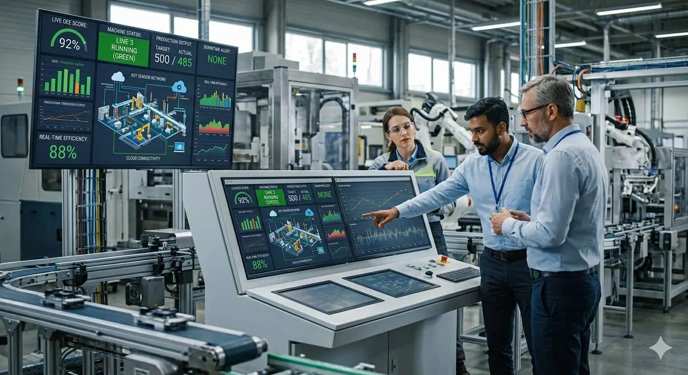 Engineers use real-time production monitoring screens and data analytics in a modern smart factory control center.